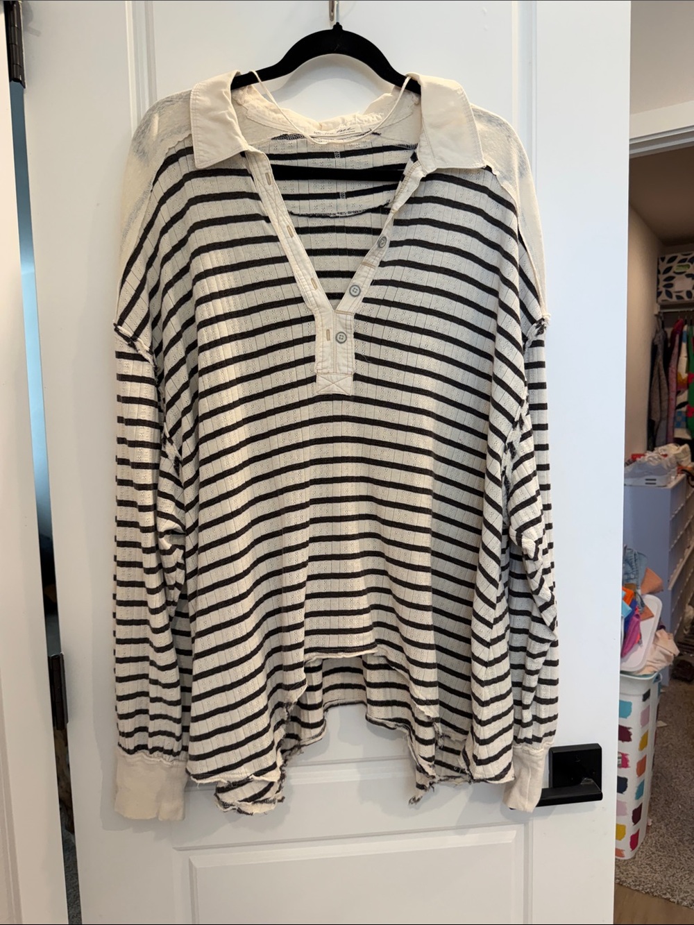 We The Free Black and White Striped Long Sleeve Polo Tee